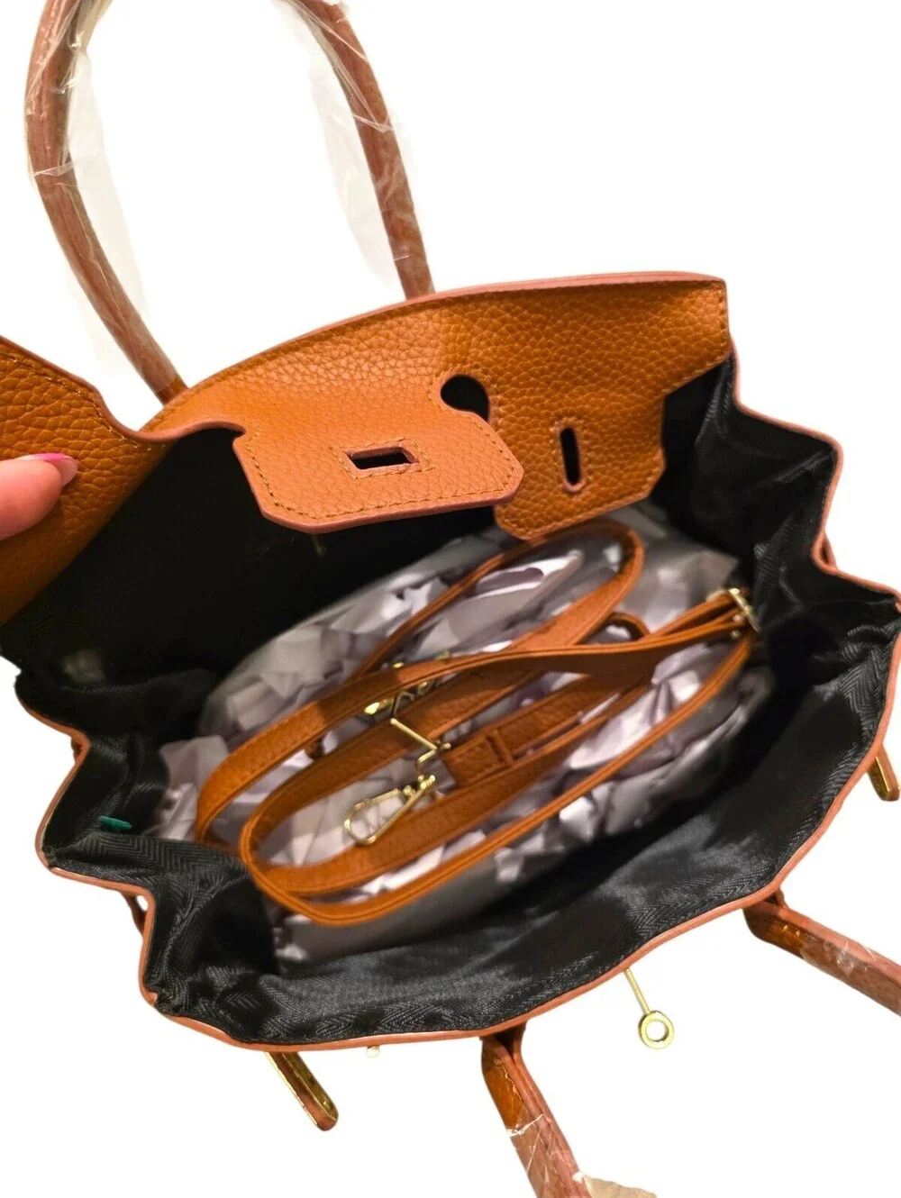 Pebbled Faux Leather Designer Style Cognac Satchel Crossbody Gold Accents